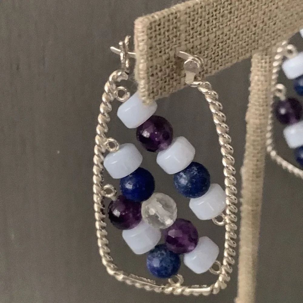 QVC HUEtopia Sterling Silver Gemstone Beaded Hoop Earrings